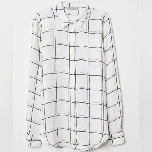 ☔️🩵H&M Ivory & Gray Windowpane Buttoned Front Long Sleeve Top Size 4 - Picture 1 of 12